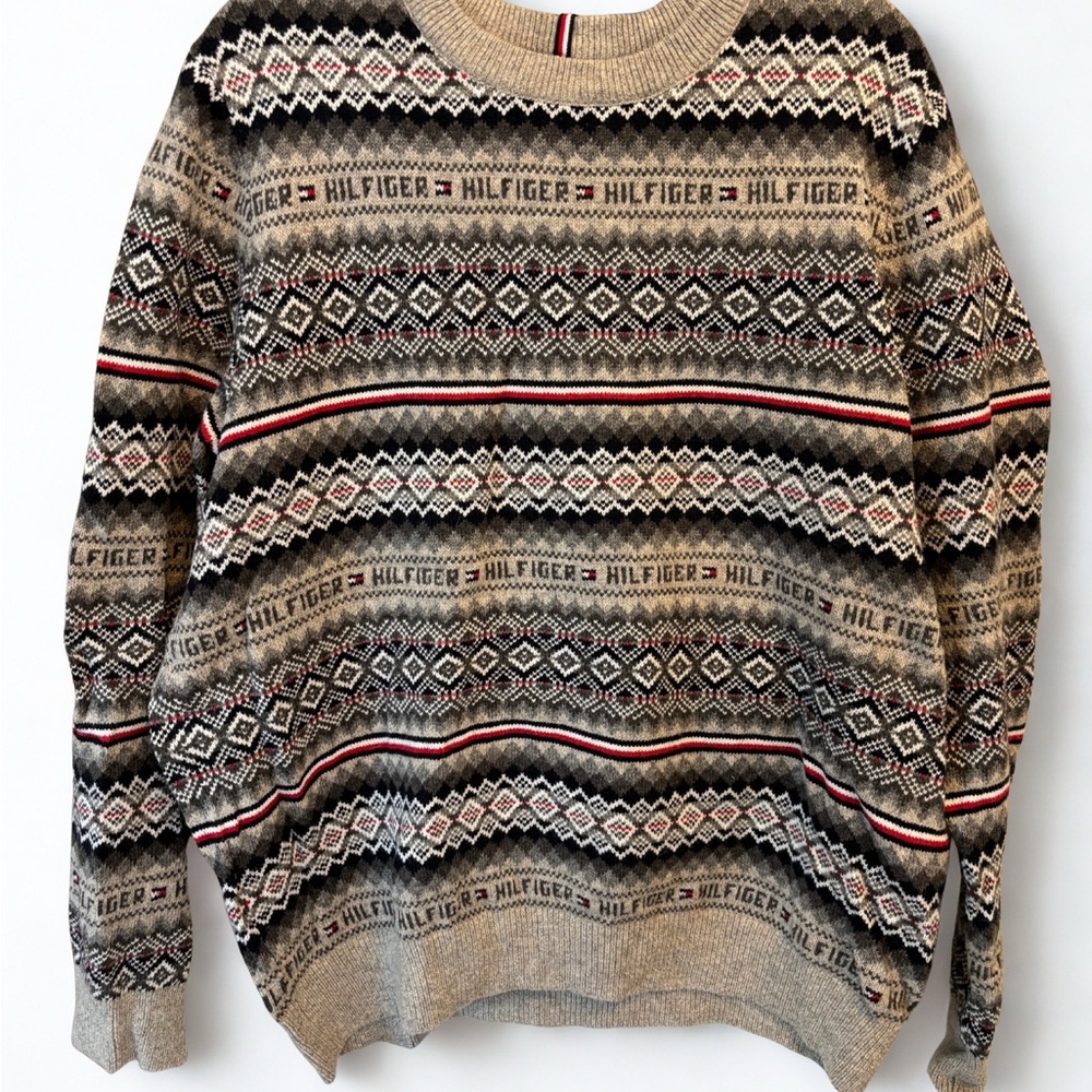 Vintage Tommy Hilfiger Men’s XL Crewneck Pull Over Sweater Grey Geometric